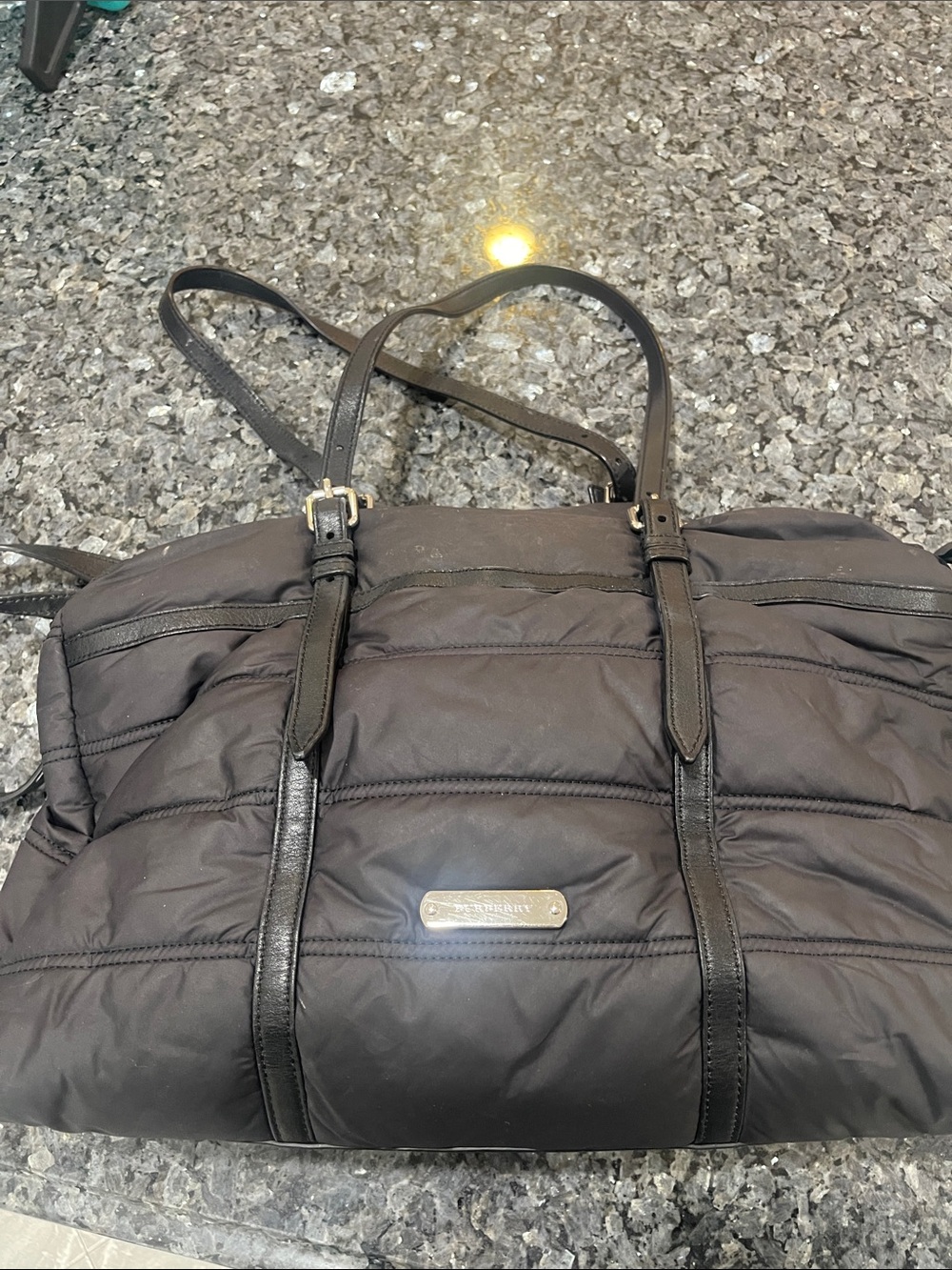 Burberry Black Quilted Nylon Tote with Leather Trim